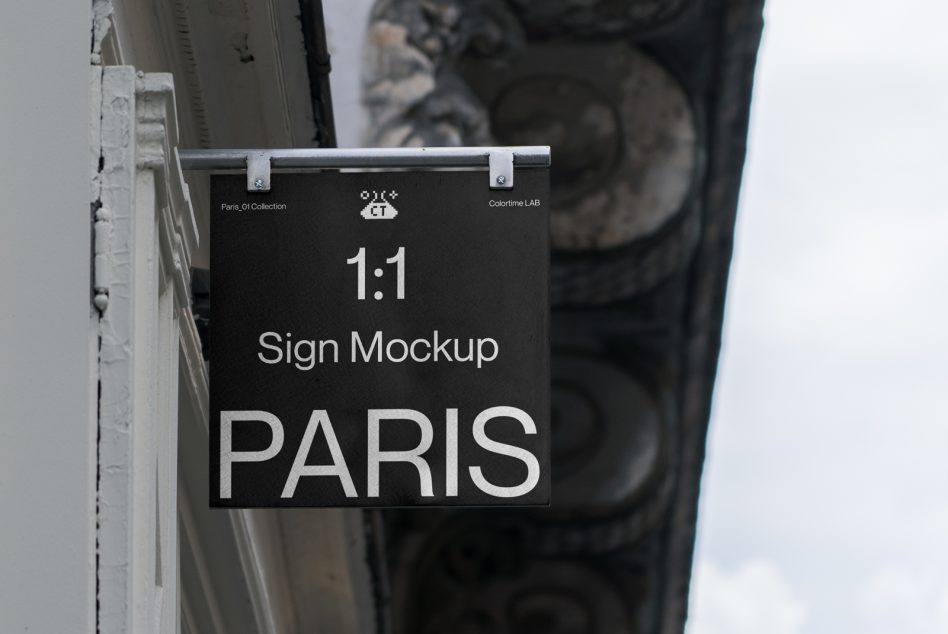 Realistic street sign mockup attached to building facade in an urban setting, clear view for branding designs, perfect for designers seeking mockups.